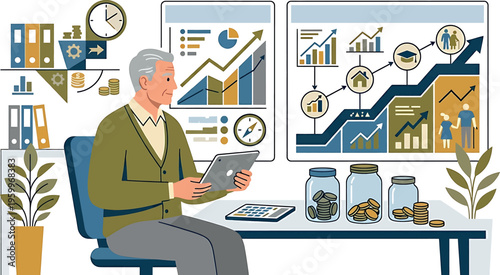 An older man sitting at a desk analyzing financial data on a tablet isolated on transparent background