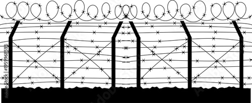 Canvas Print Barbed Wire Fence Fence wire mesh barbed wire, seamless vector silhouette Barbed wire metallic border elements, sharply barb wire fencing vector symbols set