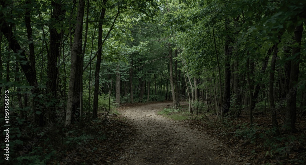 Fototapeta premium Gentle forest trail with a winding dirt path bordered by leafy trees