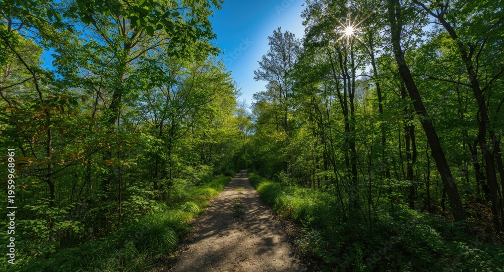 Fototapeta premium Scenic forest trail with lush foliage and a sunny bright blue sky overhead