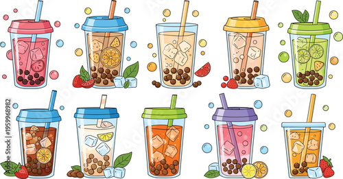 Bubble tea drinks vector set with iced beverages, tapioca pearls and fruit flavors, colorful takeaway cups collection isolated on white background illustration