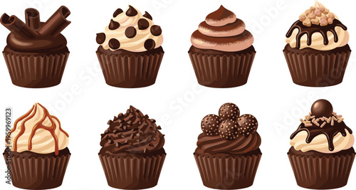 Chocolate cupcake vector set with different cream toppings, cocoa desserts and bakery sweets collection isolated on white background illustration