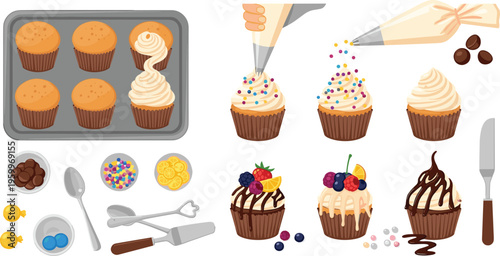 Cupcake decorating process vector set with piping cream, sprinkles and toppings, bakery dessert preparation collection isolated on white background illustration