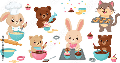 Cute animal baking vector set with bunny, bear and cat cooking cupcakes and cookies, kawaii cartoon kitchen activity collection isolated on white background illustration