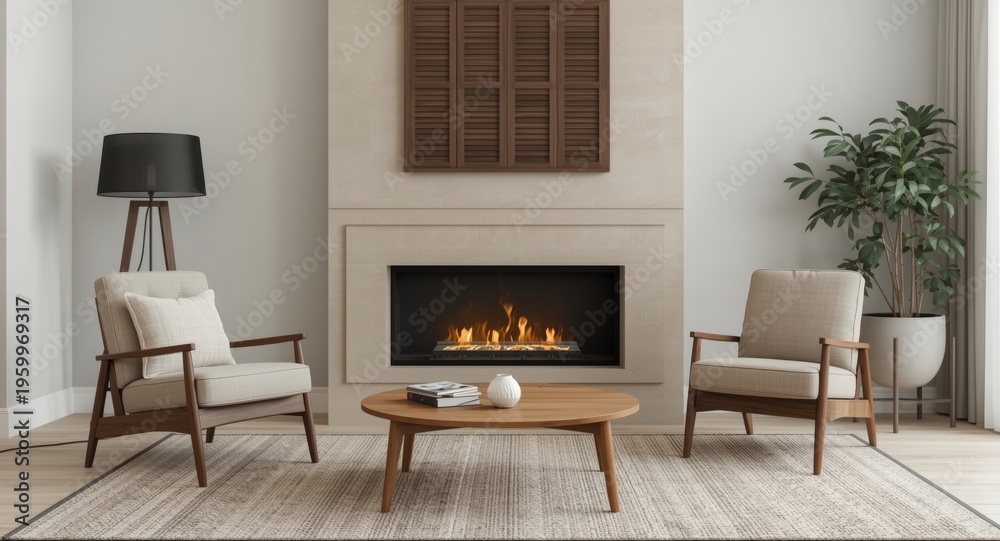 Naklejka premium soft and cozy living room with a gas fireplace and padded chairs
