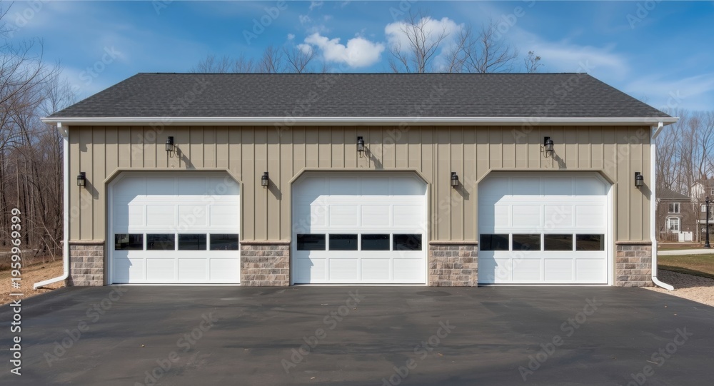 Obraz premium Recently finished commercial building boasting triple large garage doors