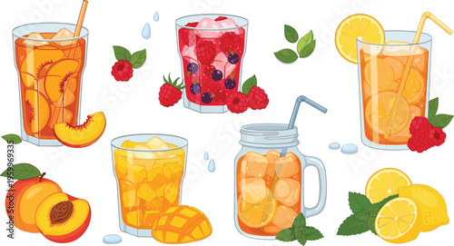 Fresh fruit iced drinks vector set with peach, raspberry and lemon beverages, refreshing summer juice collection isolated on white background illustration