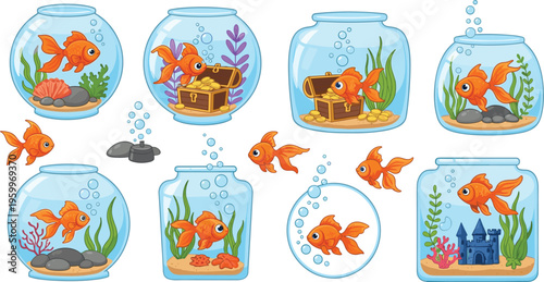 Goldfish aquarium vector set with fish bowls, underwater plants and treasure chest, cute cartoon aquatic collection isolated on white background illustration