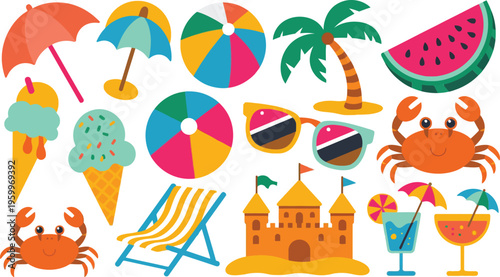 Colorful beach summer vacation icons set including umbrellas sandcastle and tropical drinks