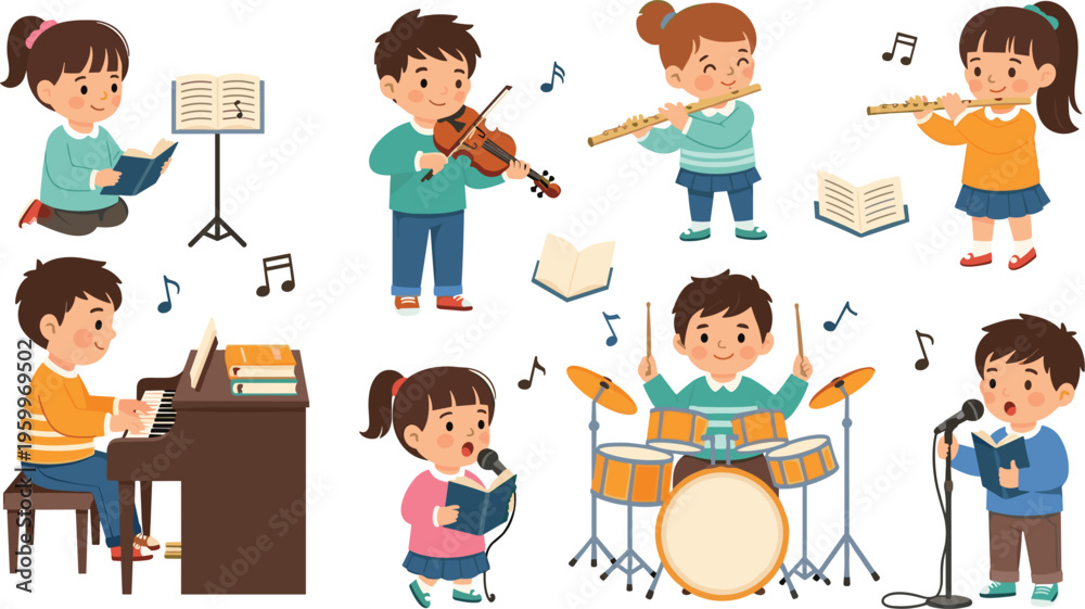 Fototapeta premium Kids music activity vector set with children playing instruments, singing and learning notes, cute cartoon music class collection isolated on white background illustration