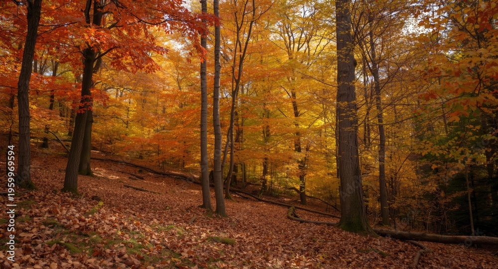 Fototapeta premium Serene and colorful autumn woods with warm tones of fall leaves on trees