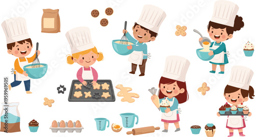 Kids baking vector set with children chefs cooking cupcakes and cookies, cute cartoon cooking activity collection isolated on white background illustration