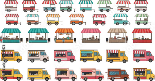 Street food market vector set with carts, stalls and food trucks, colorful outdoor vendor collection isolated on white background illustration