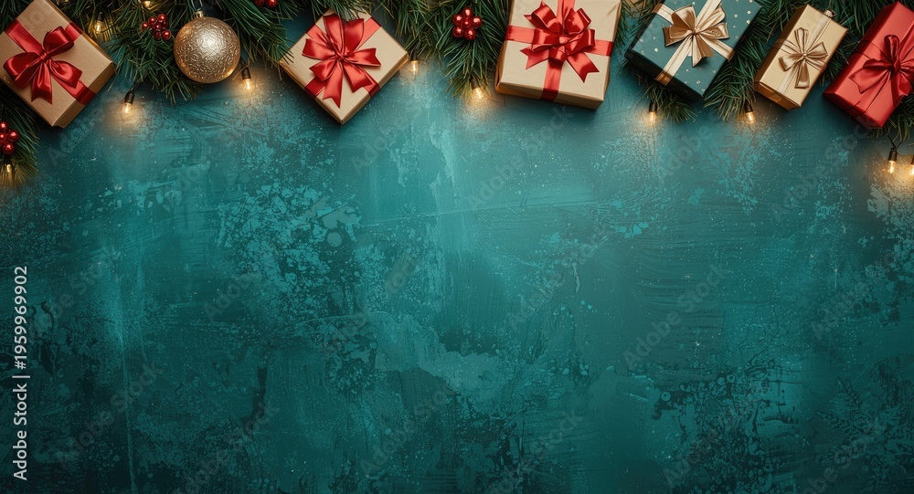 Obraz premium Holiday themed gift boxes arranged on a green textured surface with festive lighting ideal for winter celebration banners