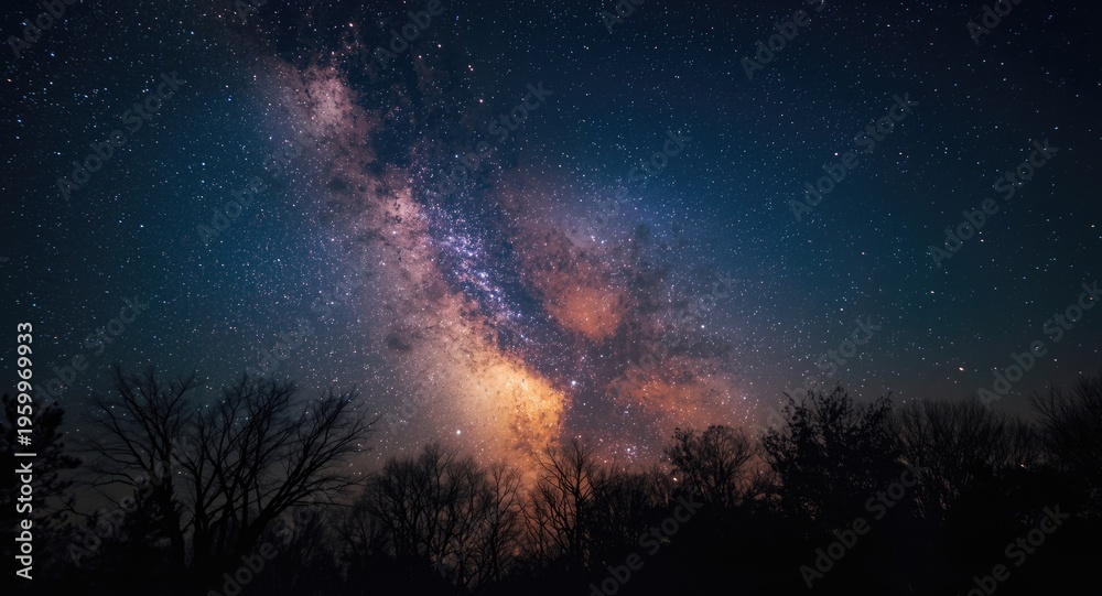 Fototapeta premium Silhouetted trees beneath a radiant cosmic sky promoting awareness about natural night environment care