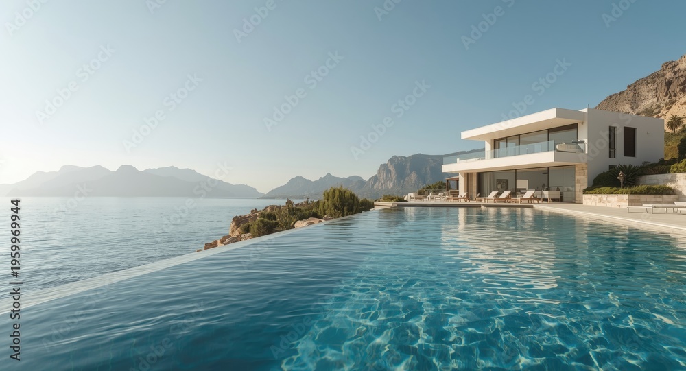 Obraz premium Elegant villa and serene swimming pool captured on a clear day with mountainous terrain