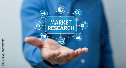 Market Research in Hand: A person is presenting the concept of market research. The image features a network of interconnected icons.