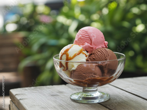 Delicious ice cream scoops in a glass bowl on a rustic table