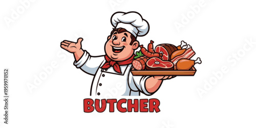 cartoon logo of a butcher with meat
