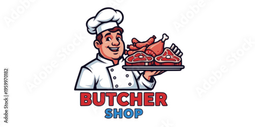 cartoon logo of a butcher with meat
