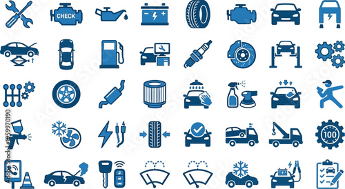 Blue car maintenance service icons on white background for repair shop