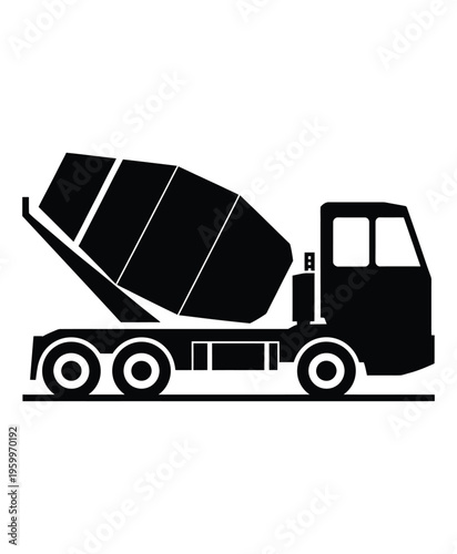 Black silhouette of heavy concrete mixer truck on transparent background for construction and industrial design projects utility