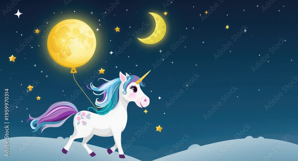 Naklejka premium Endearing cartoon unicorn carrying an illuminated moon balloon holiday design