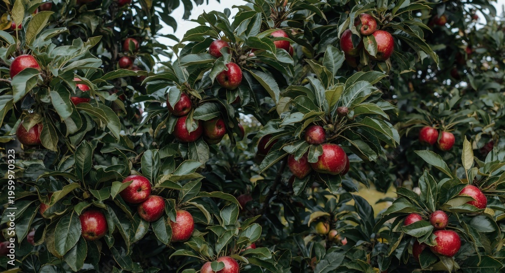 Fototapeta premium Lush apple tree covered with red fruits and rich green leaves with a light neutral background