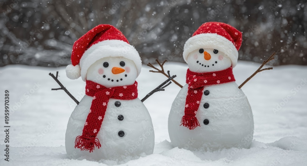 Obraz premium Playful snowmen donning Santa hats outside in icy snow