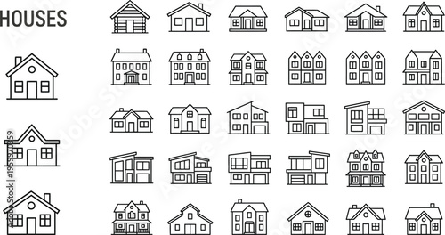Various house styles and designs in black and white line art  residential architecture icons