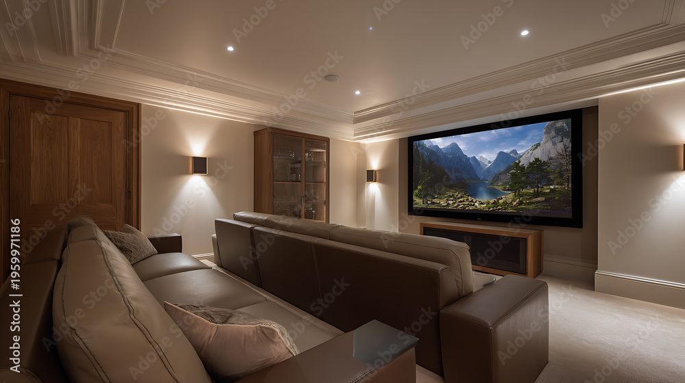 Fototapeta premium Luxury Home Cinema Room with Comfortable Brown Leather Sofas and Large Projection Screen for Entertainment and Relaxation