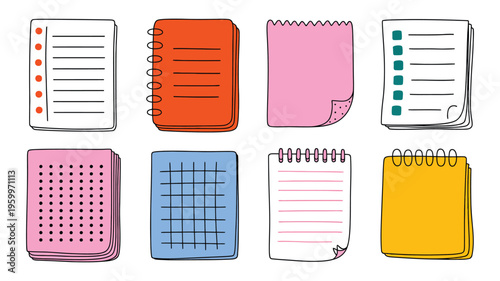 Memo frame note paper line cute planner sheet set, notebook page frames for task list and to do stickers in hand drawn kid sketch style vector illustration.