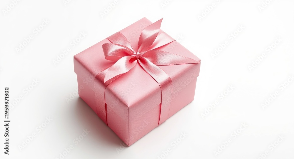 Obraz premium Pink wrapped gift box with festive ribbon on white background
