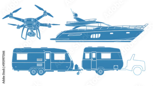AutoCAD Blueprint of Various Transportation Modes, Blue Silhouette Style Drone, Yacht, and Caravan Vector