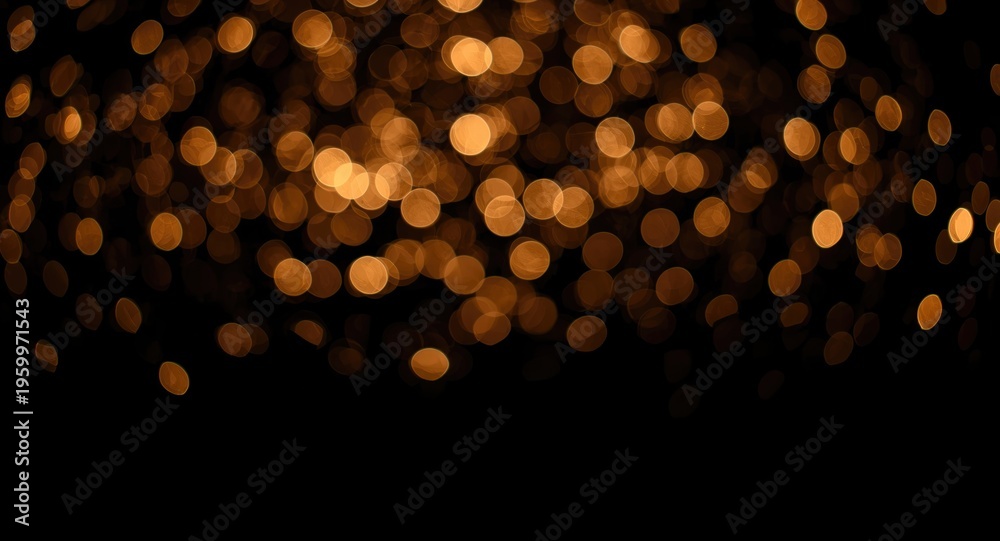 Obraz premium Landscape black backdrop decorated with luminous golden light bokeh and designated copy space for events