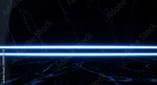 Vibrant blue neon light strip glows across a dark, reflective, veined surface