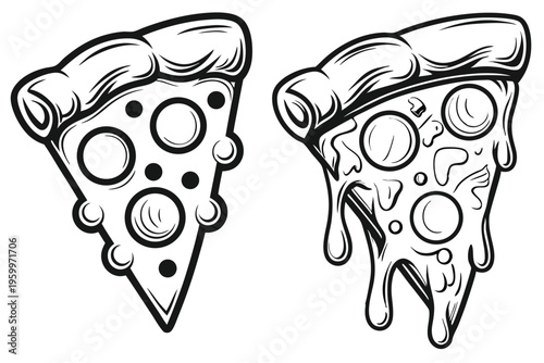 Classic Line Art Pizza Slice with Melted Cheese for Culinary Projects and Recipe Books