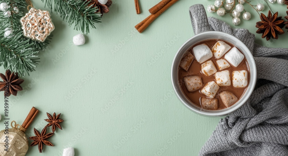 Fototapeta premium Festive winter hot chocolate scene with marshmallows cinnamon and anise in a gray ceramic mug on a subtle green pastel backdrop