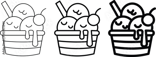 Kawaii ice cream bowl vector icons, cute sundae dessert with smiling faces and cherry, black and white line art set for coloring and menu design