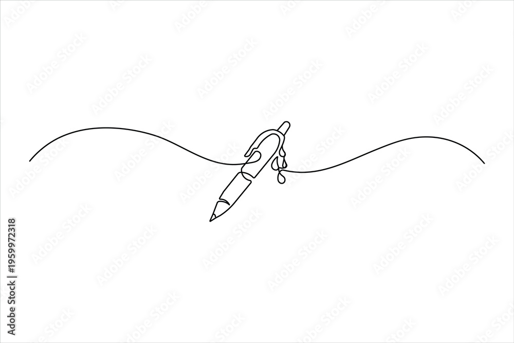 Obraz premium Minimalist continuous one-line drawing of a ballpoint pen with falling ink drops. Clean black vector art on a white background for creative designs.