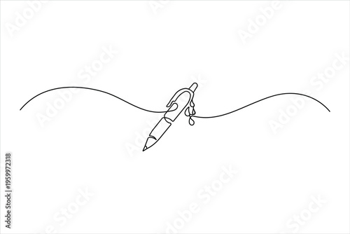 Minimalist continuous one-line drawing of a ballpoint pen with falling ink drops. Clean black vector art on a white background for creative designs.