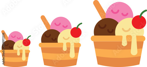 Flat vector ice cream sundae illustration, colorful dessert bowls with chocolate strawberry and vanilla scoops, sweet summer treats with cherry topping