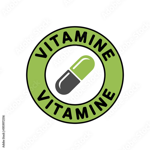 Green vitamin supplement pill logo with circular text  health and nutrition symbol