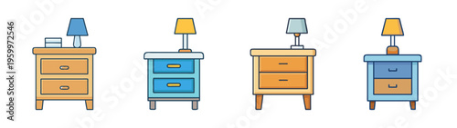 Nightstand furniture illustration: bedside table with lamp, modern bedroom decor and storage cabinet