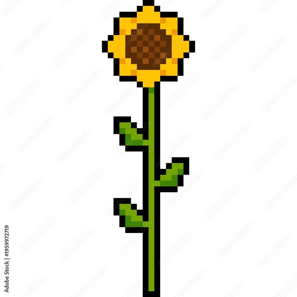 Fototapeta premium Pixel Art Sunflower, Sunflower Stem Leaf cartoon style, 8 bit flower 