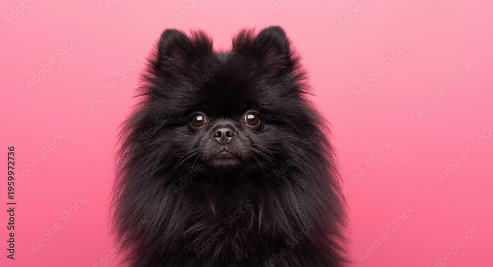 Obraz premium Fluffy black Spitz dog on bright pink background featuring copy space for adding text