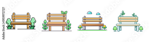 Illustration of wooden garden chairs outdoor seating with plants and nature elements art