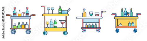 Illustration of bar carts with liquor bottles and glasses for home bar and entertaining space