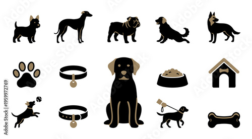 Dog Icons Two Color Set – Pet, Paw, Collar, Accessories and Dog Activities Black and Grey Vector Collection