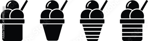 Minimalist ice cream cup icons set, black silhouette sundae scoops with wafer sticks, collection of 4 frozen dessert vector symbols for menu design